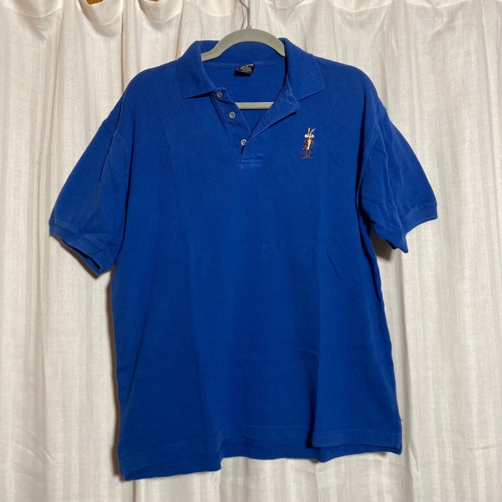 Vintage Warner Bros Studio Store Wile E Coyote Blue Polo Shirt Men Medium Cotton